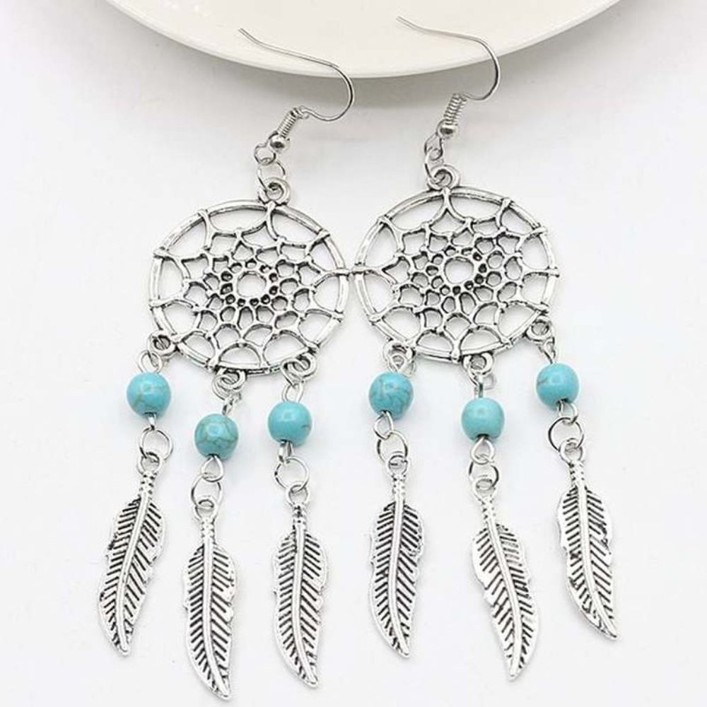 DREAM CATCHER TURQUOISE MAGNESITE FEATHER EARRINGS